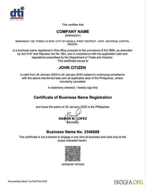 Certificat d'enregistrement du nom commercial des Philippines Barangay Modèle Word et PDF